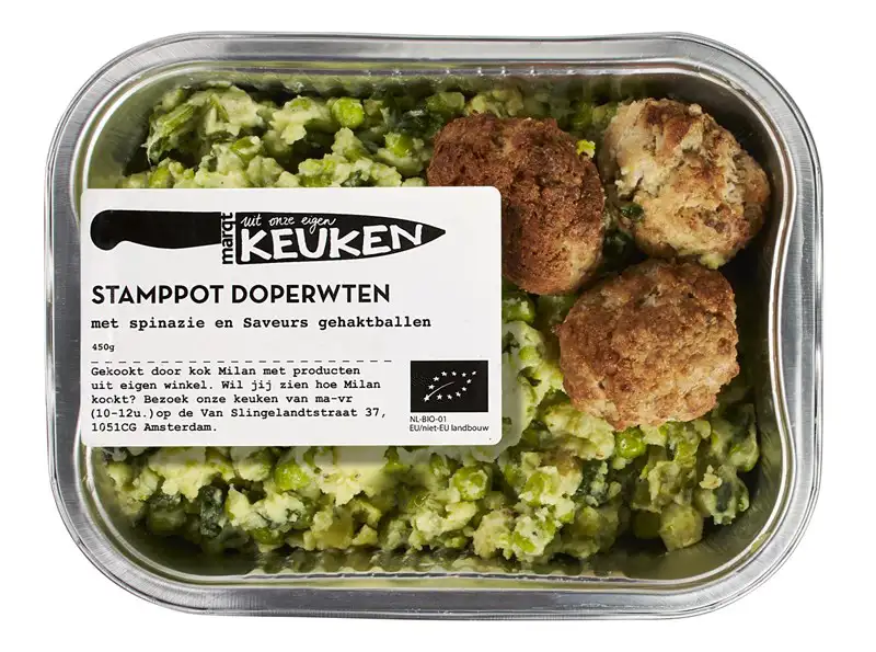 Stamppot doperwten met spinazie en gehaktballen